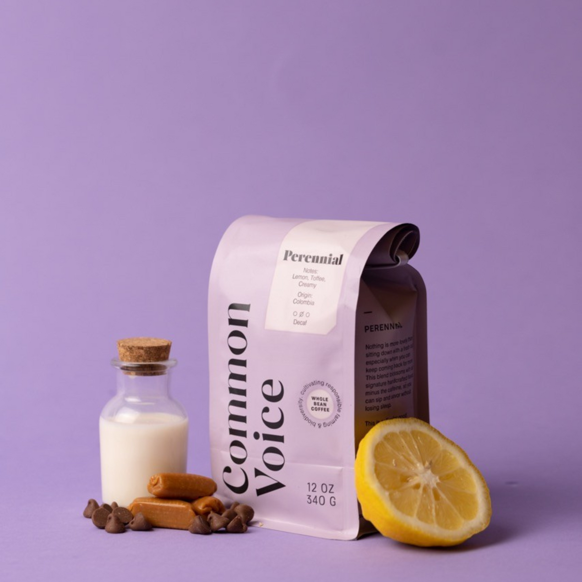 Perennial side of bag next to fruit, milk, and caramel on a purple background