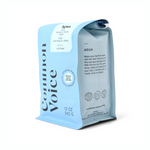 Side of blue bag of coffee - Agua Coffee for Common Voice