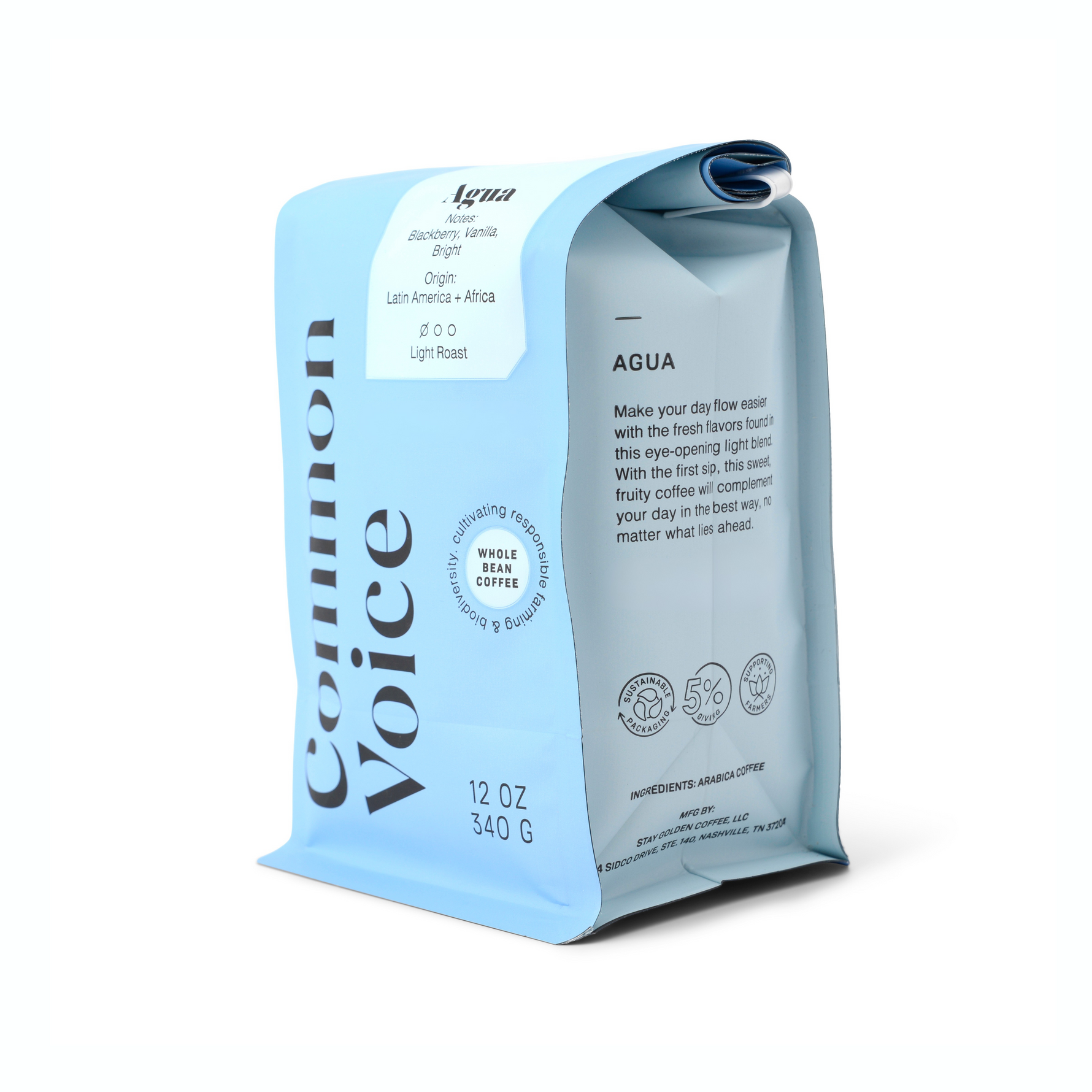 Side of blue bag of coffee - Agua Coffee for Common Voice