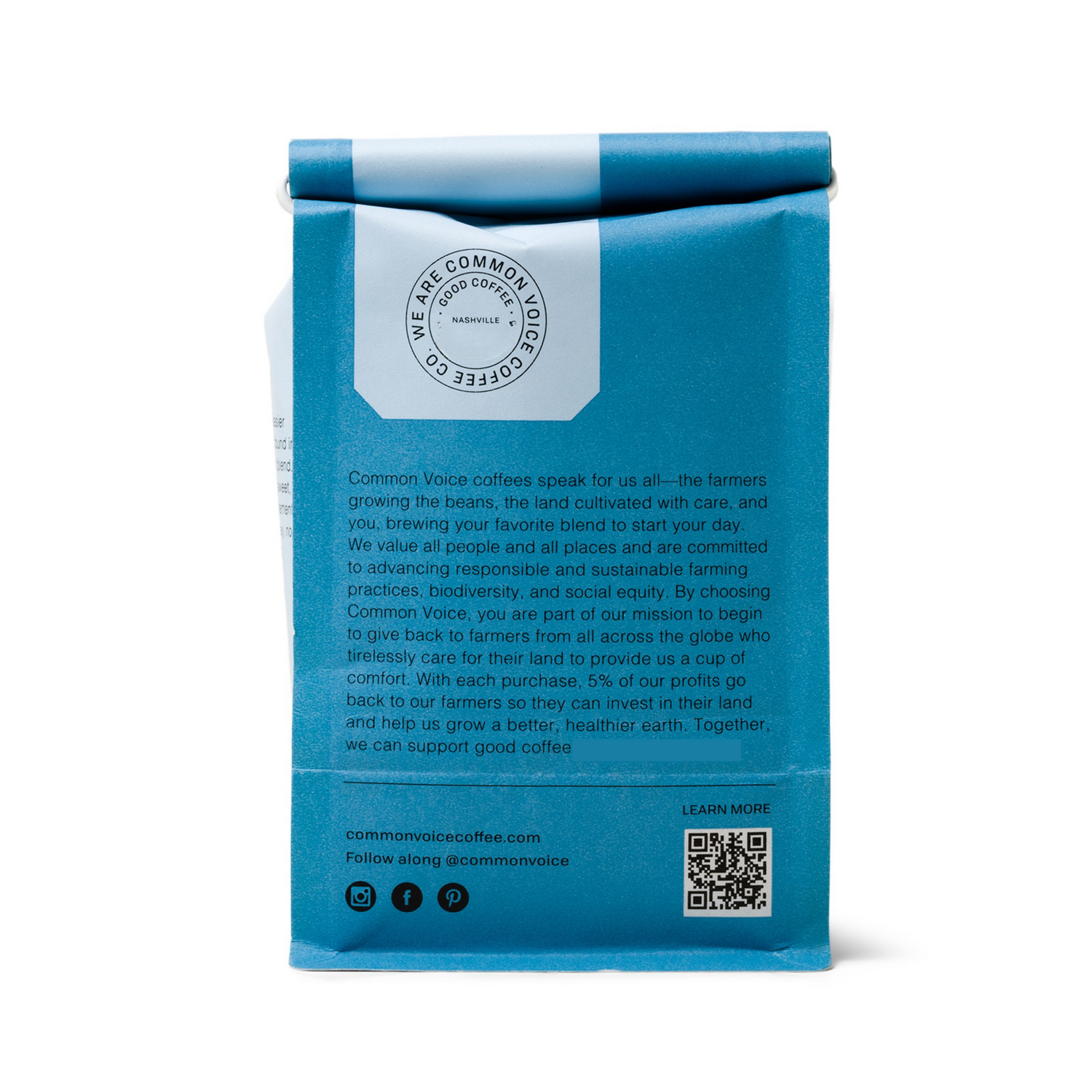 Back of the bag of coffee for Agua coffee by Common Voice