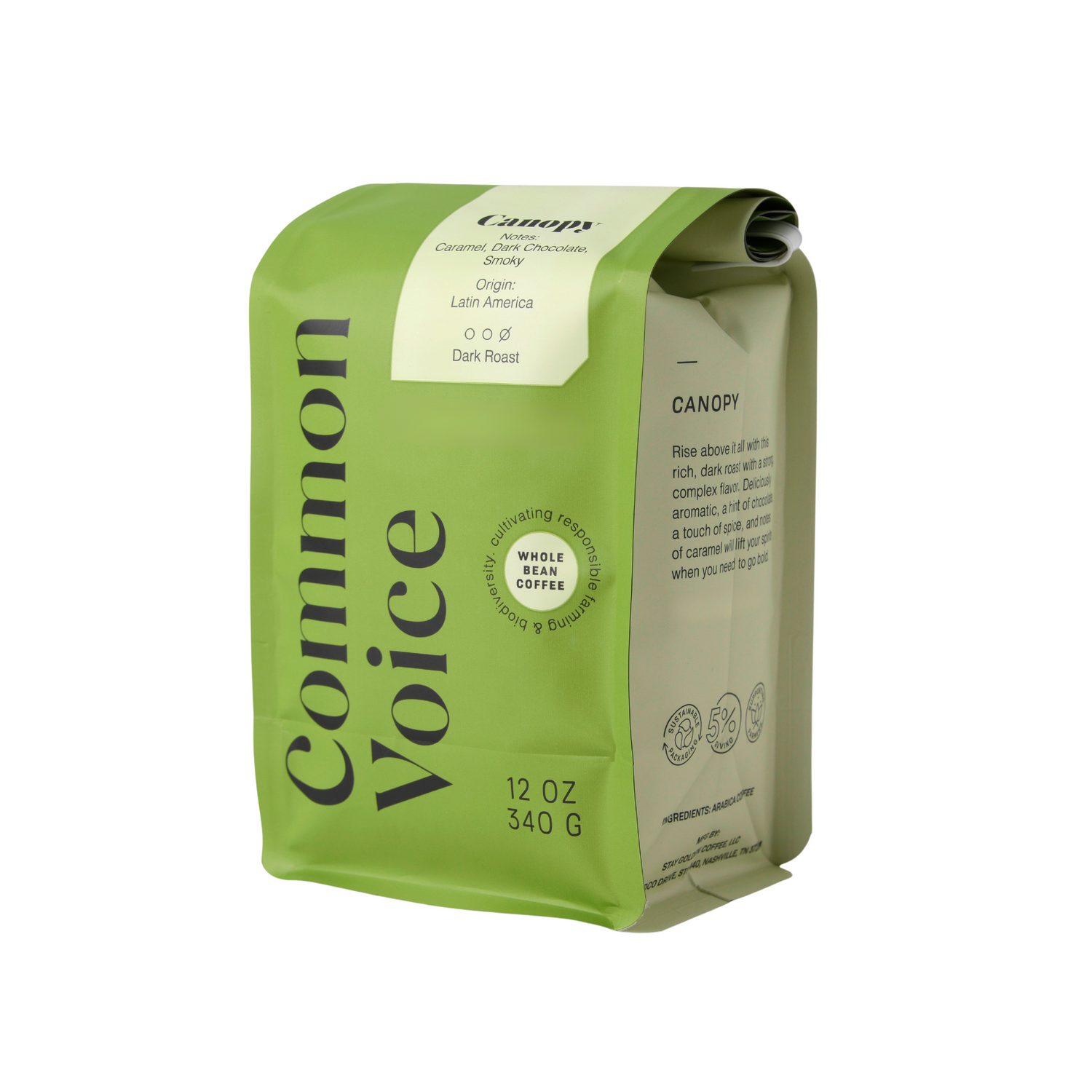 Canopy coffee bag - side of bag - green - Common Voice Coffee